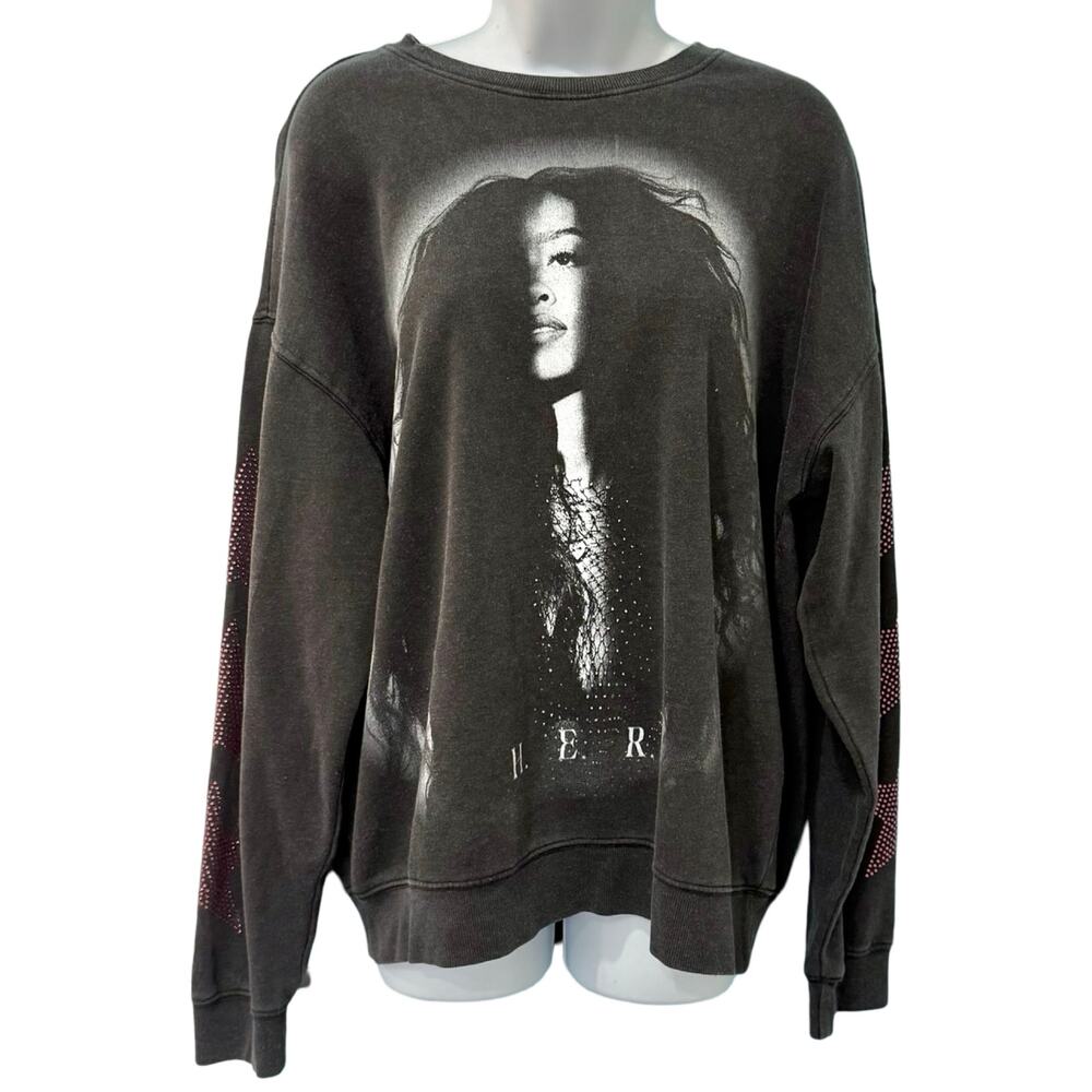H.E.R. HER Charcoal Gray Pink Star Rhinestone Crew Neck Oversize Sweatshirt sz S - Picture 2 of 9